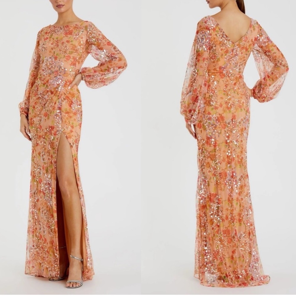 Mac Duggal Orange Apricot Floral Print Sequined Puff Sleeve Gown V-Back Size 16